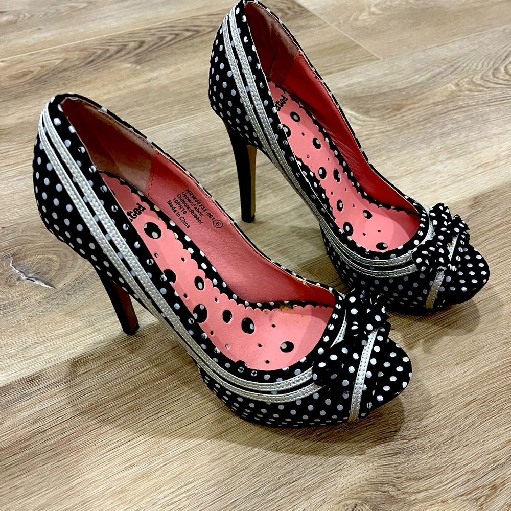 Not Rated black & white polka dot peep toe heels. Size 6
